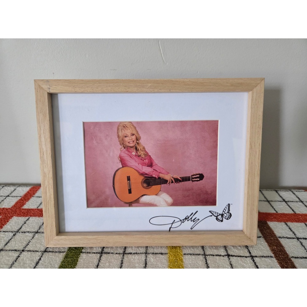 Dolly Parton Framed Photo with Guitar and Printed Signature Natural Wood 8.5x6.5
